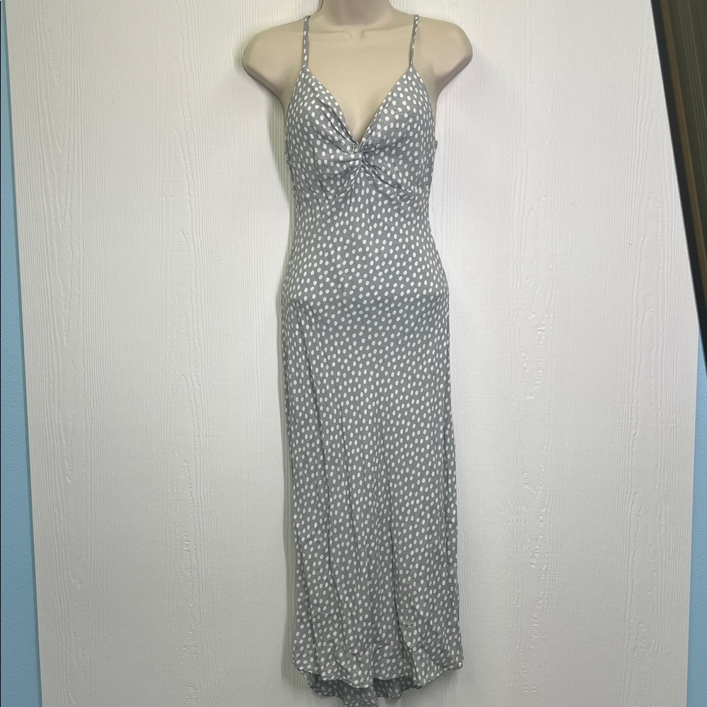 Abercrombie & Fitch -Gray Polka Dot Adjustable Strap Knotted Front Midi Dress XS - Picture 2 of 10